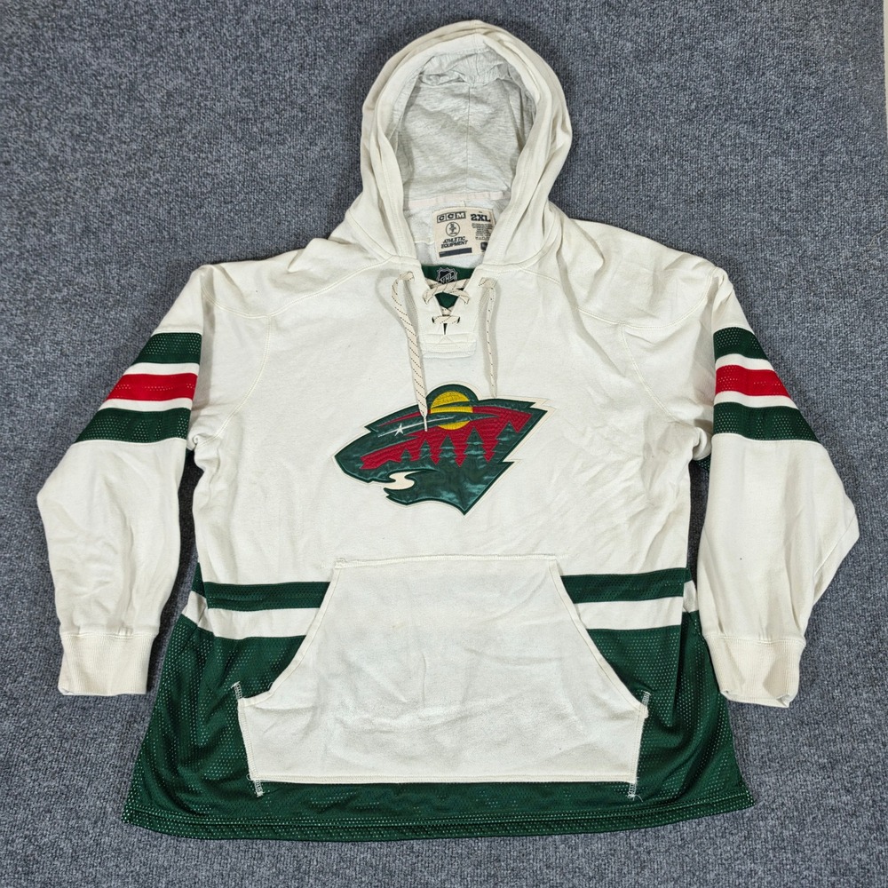 CCM NHL Minnesota Wild Lace Up Hoodie Mens 2XL Cream Green Mesh Jersey Pullover